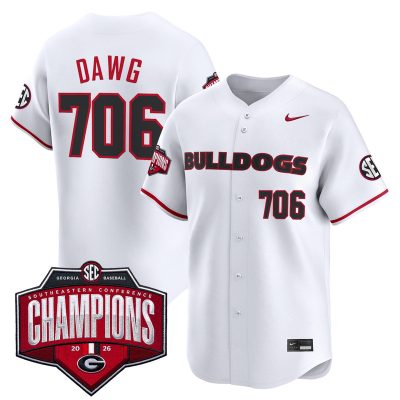 Men's Georgia Bulldogs Baseball Southeastern Confernce Champions 2026 Vapor Premier Limited Stitched Jersey - White / Dawg 706