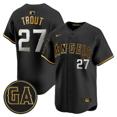 Men's Los Angeles Angels 'Garret Anderson Tribute Patch' Vapor Premier Limited Jersey - Black Gold / Mike Trout