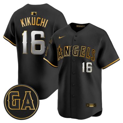 Men's Los Angeles Angels 'Garret Anderson Tribute Patch' Vapor Premier Limited Jersey - Black Gold / Yusei Kikuchi