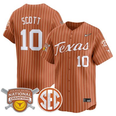 Texas Longhorns 2026 Softball National Champions Vapor Premier Limited Stitched Jersey - Orange Pinstripe / Mia Scott