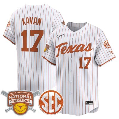Texas Longhorns 2026 Softball National Champions Vapor Premier Limited Stitched Jersey - White Pinstripe / Teagan Kavan