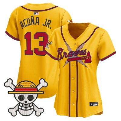 Women's Atlanta Braves x One Piece Vapor Premier Limited Jersey - Gold / Ronald Acuna Jr.