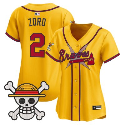 Women's Atlanta Braves x One Piece Vapor Premier Limited Jersey - Gold / Zoro