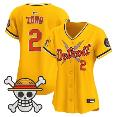 Women's Detroit Tigers x One Piece Vapor Premier Limited Jersey - Gold / Zoro