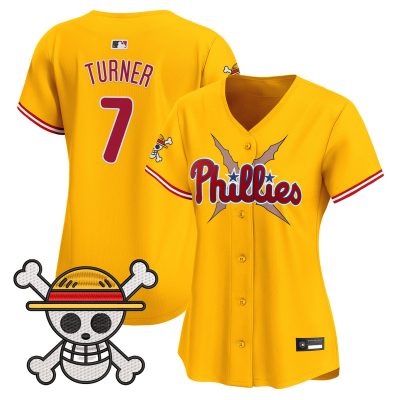 Women's Philadelphia Phillies x One Piece Vapor Premier Limited Jersey - Gold / Trea Turner