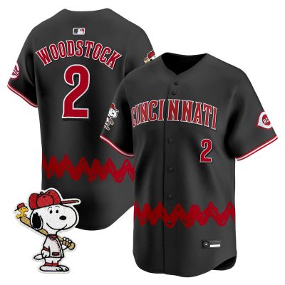 Men's Cincinnati Reds x Peanuts Vapor Premier Limited Jersey - Stitched - Black / Woodstock