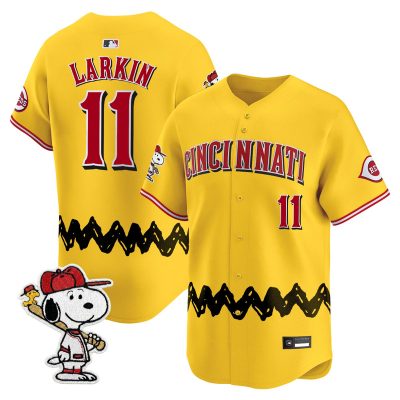 Men's Cincinnati Reds x Peanuts Vapor Premier Limited Jersey - Stitched - Gold / Barry Larkin