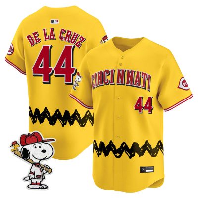 Men's Cincinnati Reds x Peanuts Vapor Premier Limited Jersey - Stitched - Gold / Elly De La Cruz