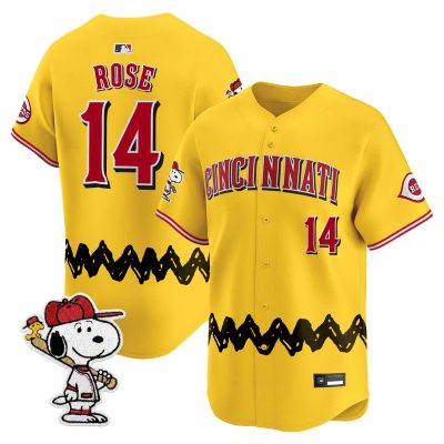 Men's Cincinnati Reds x Peanuts Vapor Premier Limited Jersey - Stitched - Gold / Pete Rose