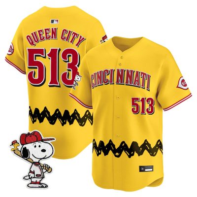 Men's Cincinnati Reds x Peanuts Vapor Premier Limited Jersey - Stitched - Gold / Queen City 513