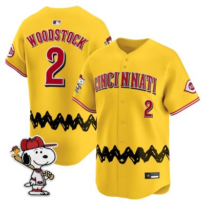 Men's Cincinnati Reds x Peanuts Vapor Premier Limited Jersey - Stitched - Gold / Woodstock