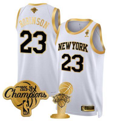 Men's New York Knicks 2026 Champions Patch Swingman Jersey - White Gold / Mitchell Robinson