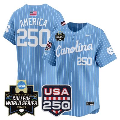 Men's North Carolina Tar Heels 2026 World Series Vapor Premier Limited Jersey - 250 America Patch - Blue Pinstripe / #250 America