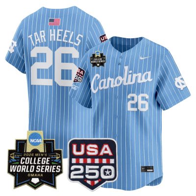 Men's North Carolina Tar Heels 2026 World Series Vapor Premier Limited Jersey - 250 America Patch - Blue Pinstripe / #26 Tar Heels