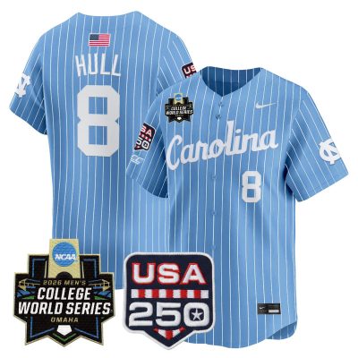 Men's North Carolina Tar Heels 2026 World Series Vapor Premier Limited Jersey - 250 America Patch - Blue Pinstripe / Owen Hull