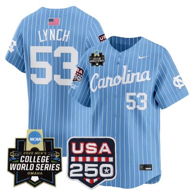 Men's North Carolina Tar Heels 2026 World Series Vapor Premier Limited Jersey - 250 America Patch - Blue Pinstripe / Ryan Lynch
