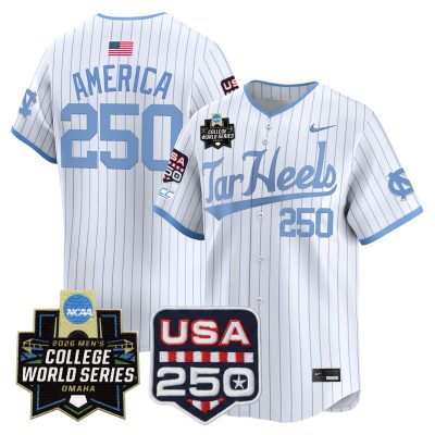 Men's North Carolina Tar Heels 2026 World Series Vapor Premier Limited Jersey - 250 America Patch - White Pinstripe / #250 America