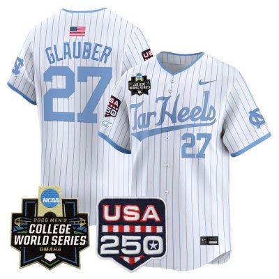 Men's North Carolina Tar Heels 2026 World Series Vapor Premier Limited Jersey - 250 America Patch - White Pinstripe / Caden Glauber