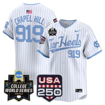Men's North Carolina Tar Heels 2026 World Series Vapor Premier Limited Jersey - 250 America Patch - White Pinstripe / Chapel Hill 919