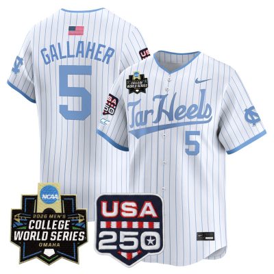 Men's North Carolina Tar Heels 2026 World Series Vapor Premier Limited Jersey - 250 America Patch - White Pinstripe / Gavin Gallaher