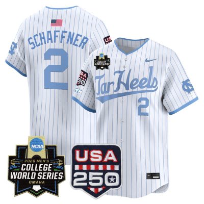 Men's North Carolina Tar Heels 2026 World Series Vapor Premier Limited Jersey - 250 America Patch - White Pinstripe / Jake Schaffner