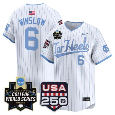 Men's North Carolina Tar Heels 2026 World Series Vapor Premier Limited Jersey - 250 America Patch - White Pinstripe / Macon Winslow
