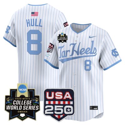 Men's North Carolina Tar Heels 2026 World Series Vapor Premier Limited Jersey - 250 America Patch - White Pinstripe / Owen Hull