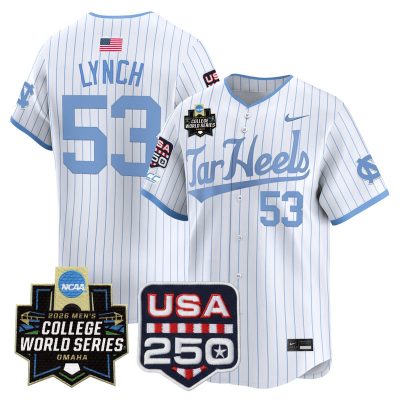 Men's North Carolina Tar Heels 2026 World Series Vapor Premier Limited Jersey - 250 America Patch - White Pinstripe / Ryan Lynch
