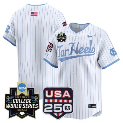 Men's North Carolina Tar Heels 2026 World Series Vapor Premier Limited Jersey - 250 America Patch - White Pinstripe / Team
