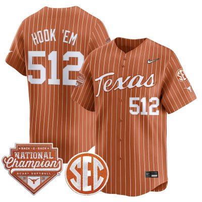 Men's Texas Longhorns 2026 Back-To-Back World Series (WCWS) Champions Vapor Premier Limited Jersey - Orange Pinstripe / Hook 'Em 512