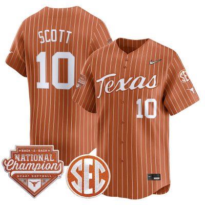 Men's Texas Longhorns 2026 Back-To-Back World Series (WCWS) Champions Vapor Premier Limited Jersey - Orange Pinstripe / Mia Scott