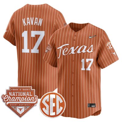 Men's Texas Longhorns 2026 Back-To-Back World Series (WCWS) Champions Vapor Premier Limited Jersey - Orange Pinstripe / Teagan Kavan