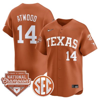 Men's Texas Longhorns 2026 Back-To-Back World Series (WCWS) Champions Vapor Premier Limited Jersey - Orange / Reese Atwood