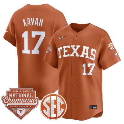 Men's Texas Longhorns 2026 Back-To-Back World Series (WCWS) Champions Vapor Premier Limited Jersey - Orange / Teagan Kavan