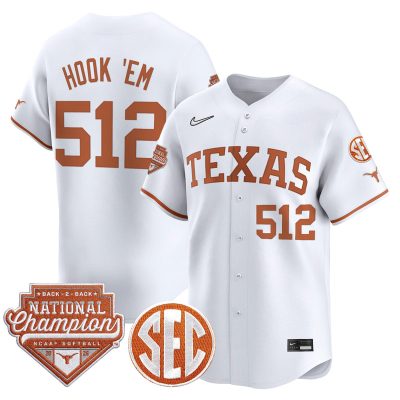 Men's Texas Longhorns 2026 Back-To-Back World Series (WCWS) Champions Vapor Premier Limited Jersey - White / Hook 'Em 512