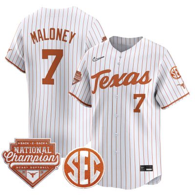 Men's Texas Longhorns 2026 Back-To-Back World Series (WCWS) Champions Vapor Premier Limited Jersey - White Pinstripe / Ashton Maloney