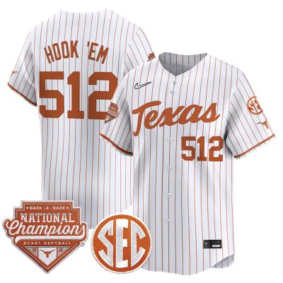 Men's Texas Longhorns 2026 Back-To-Back World Series (WCWS) Champions Vapor Premier Limited Jersey - White Pinstripe / Hook 'Em 512