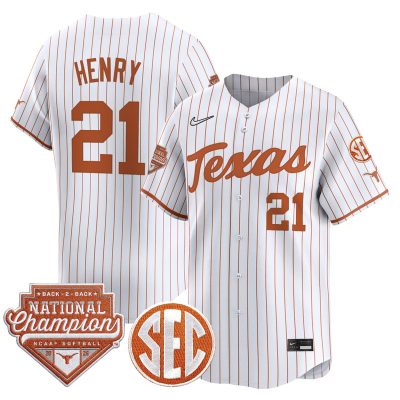 Men's Texas Longhorns 2026 Back-To-Back World Series (WCWS) Champions Vapor Premier Limited Jersey - White Pinstripe / Kayden Henry