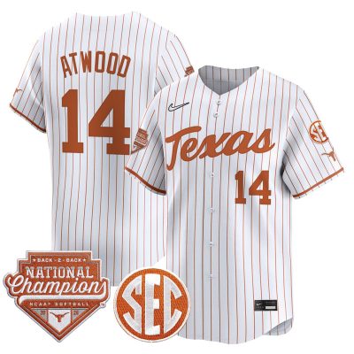 Men's Texas Longhorns 2026 Back-To-Back World Series (WCWS) Champions Vapor Premier Limited Jersey - White Pinstripe / Reese Atwood