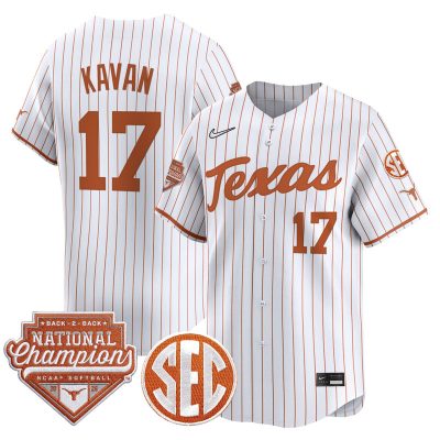 Men's Texas Longhorns 2026 Back-To-Back World Series (WCWS) Champions Vapor Premier Limited Jersey - White Pinstripe / Teagan Kavan