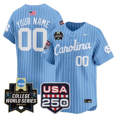 North Carolina Tar Heels 2026 World Series Vapor Premier Limited Custom Jersey - 250 America Patch - Blue Pinstripe