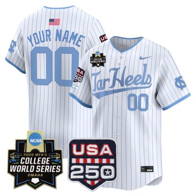 North Carolina Tar Heels 2026 World Series Vapor Premier Limited Custom Jersey - 250 America Patch - White Pinstripe