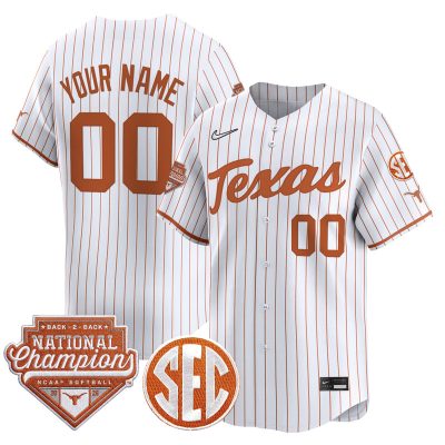 Texas Longhorns 2026 Back-To-Back World Series (WCWS) Champions Vapor Premier Limited Custom Jersey - White Pinstripe