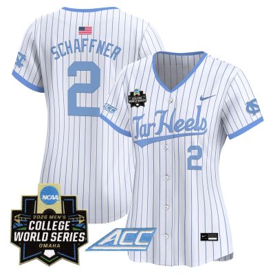 Women's North Carolina Tar Heels 2026 World Series Vapor Premier Limited Jersey - White Pinstripe / Jake Schaffner