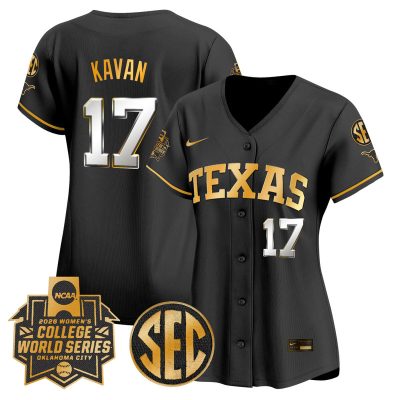 Women's Texas Longhorns Softball 2026 World Series (WCWS) Vapor Premier Stitched Jersey - Black Gold / Teagan Kavan