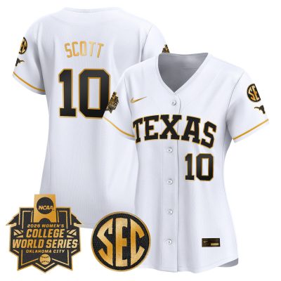 Women's Texas Longhorns Softball 2026 World Series (WCWS) Vapor Premier Stitched Jersey - White Gold / Mia Scott