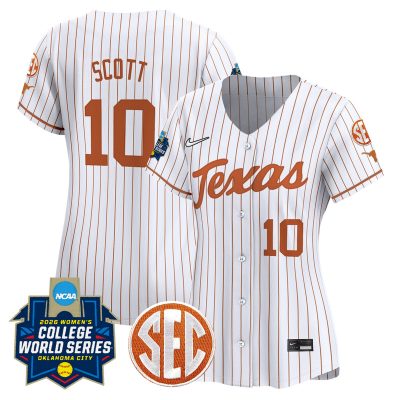 Women's Texas Longhorns Softball 2026 World Series (WCWS) Vapor Premier Stitched Jersey - White Pinstripe / Mia Scott