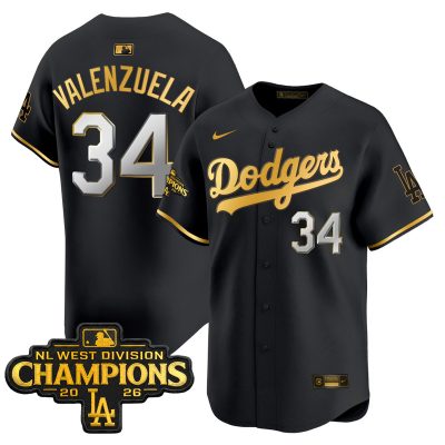 Men's Los Angeles Dodgers NL West Division Champions Patch Vapor Premier Limited Jersey - Black Gold / Fernando Valenzuela