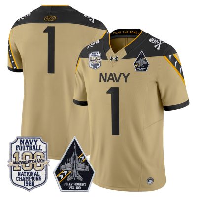 Men's Navy Midshipmen 'Jolly Rogers Edition' Vapor Limited Jersey - 100th Anniversary Patch - Gold / #1 Team
