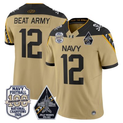 Men's Navy Midshipmen 'Jolly Rogers Edition' Vapor Limited Jersey - 100th Anniversary Patch - Gold / #12 Beat Army